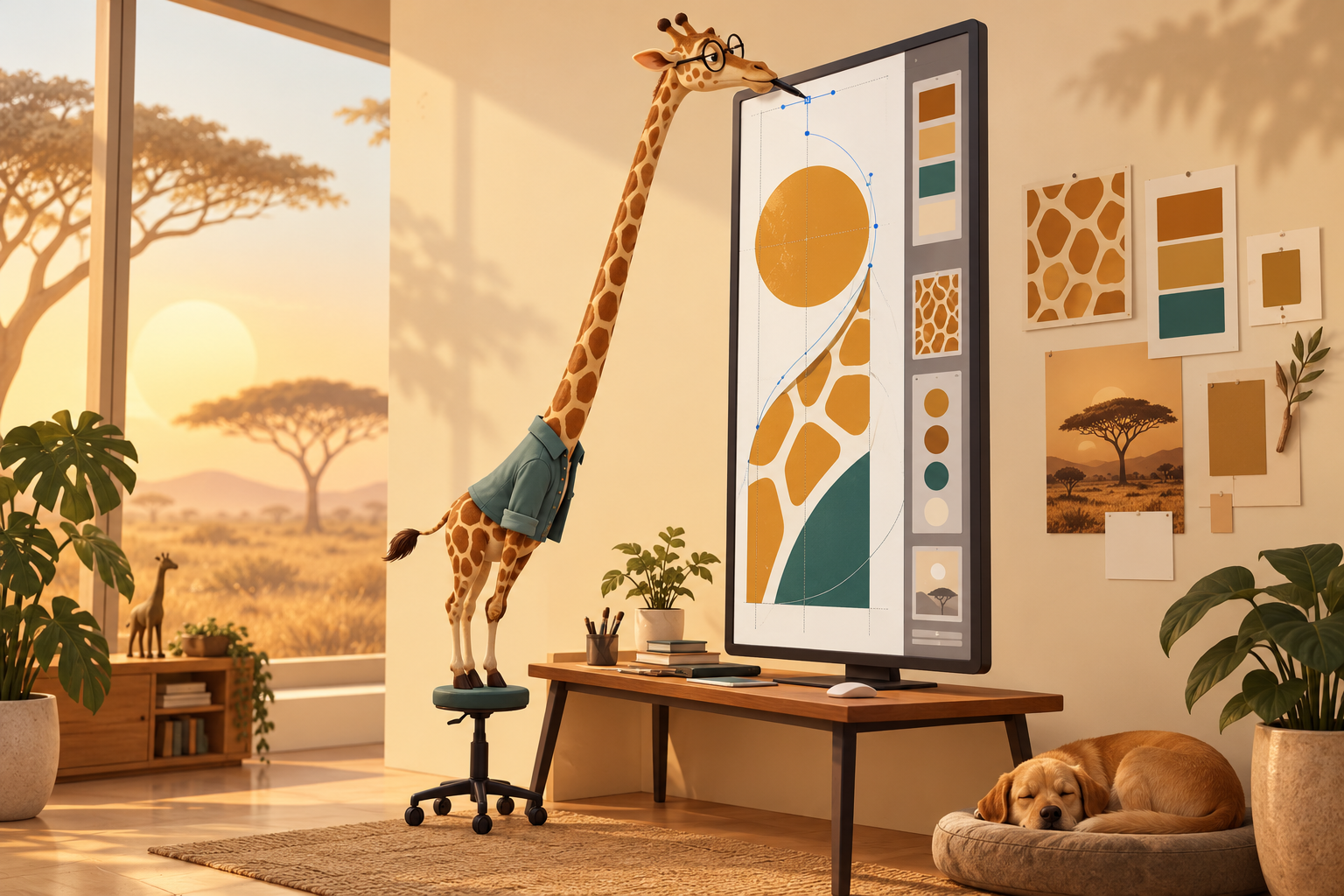 Giraffe designer reaching the top of a tall artboard