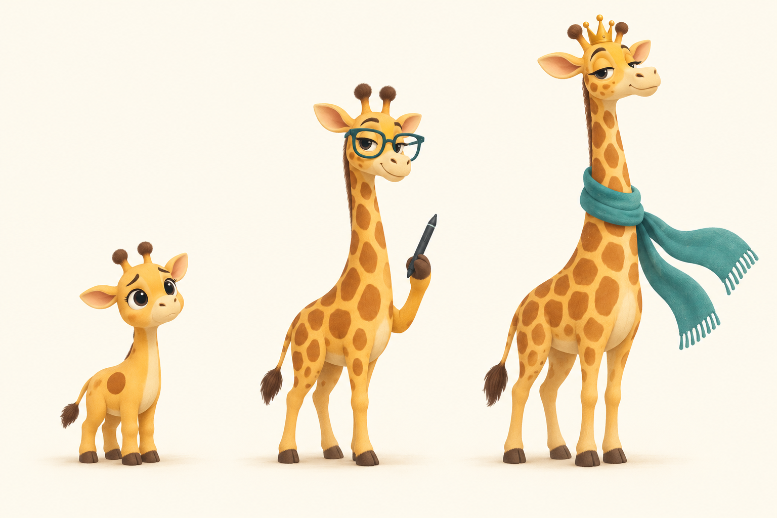 Three giraffe pricing mascots: calf, pro, and enterprise