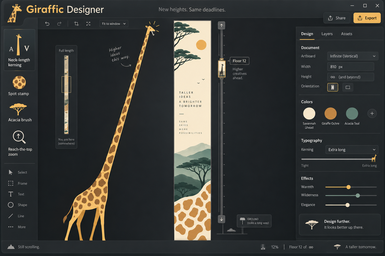 Giraffic Designer UI mock with tall artboard and elevator scrollbar
